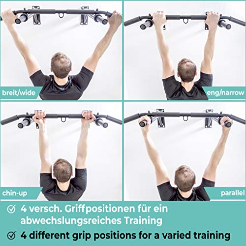 PULLUP & DIP Barra Dominadas Pared, Barra de Tracción, Pull-Up Bar Multiagarre Profesional, Incluye Tornillos, Banda Elástica Para Dominadas y eBook, Hasta 200 kg