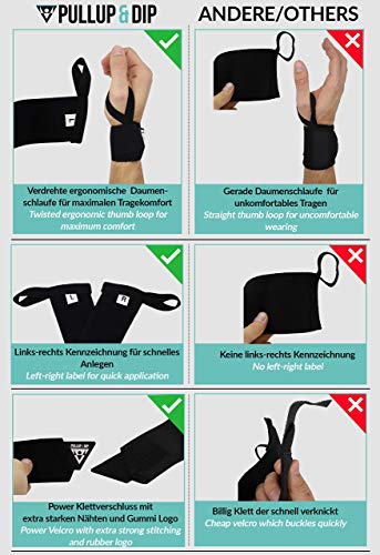 PULLUP & DIP Muñequeras Deportivas, Wrist Wraps para Fitness, Levantamiento, Calistenia, Crossfit, Powerlifting y Musculación, Estabilizadoras y Protectoras, Mujeres y Hombres (Pullup & Dip Branding)