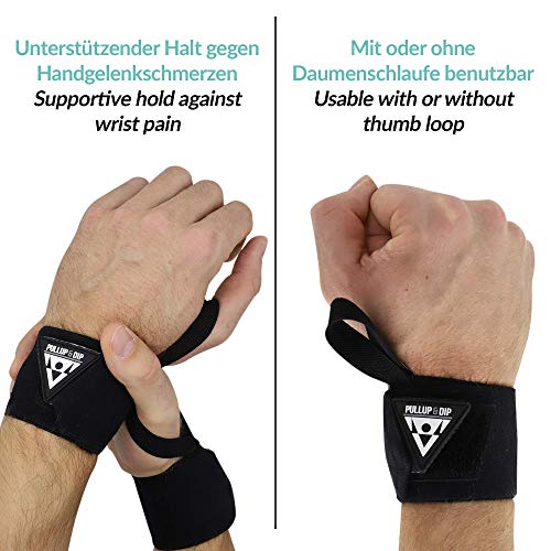 PULLUP & DIP Muñequeras Deportivas, Wrist Wraps para Fitness, Levantamiento, Calistenia, Crossfit, Powerlifting y Musculación, Estabilizadoras y Protectoras, Mujeres y Hombres (Pullup & Dip Branding)