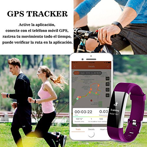 Pulsera Actividad Con GPS,ID115Plus HR Bluetooth Pulsera Intellgente con Ritmo cardiaco,Contador de pasos,Monitor de sueño,IP67 Impermeable,Podómetro para Android y iOS Telefono movil,COOLEAD(Púrpura)