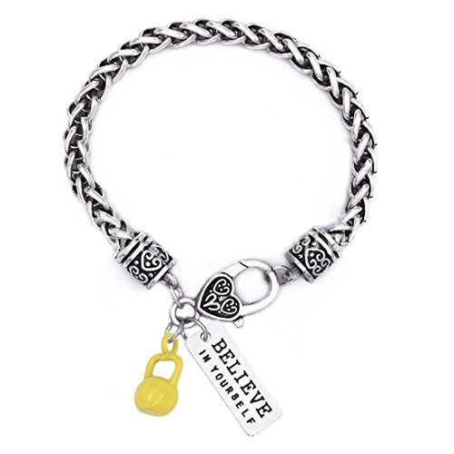 Pulsera con forma de Kettlebell y Believe in you amarilla, pulsera personalizada, pulsera de ejercicio