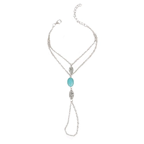 Pulsera de cadena de mano de plata con anillo de piedra azul, diseño de novia