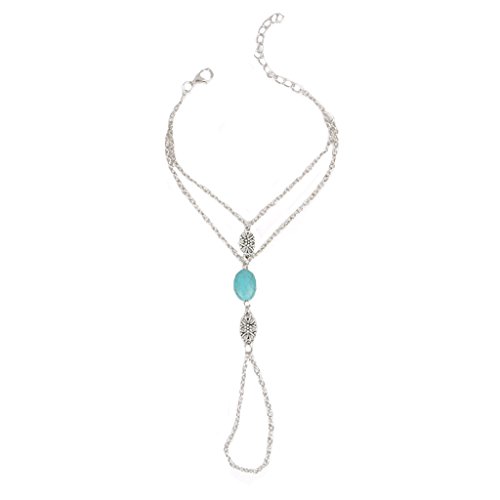 Pulsera de cadena de mano de plata con anillo de piedra azul, diseño de novia