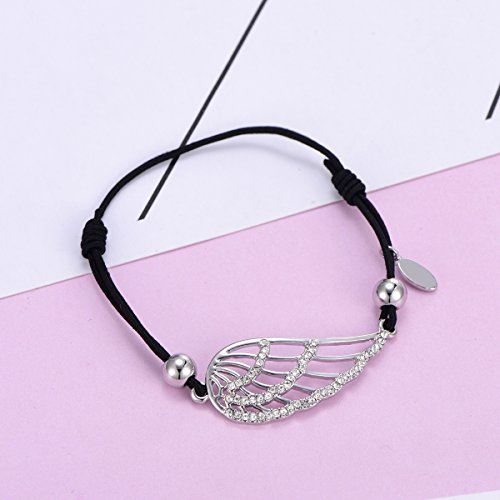 Pulsera de encanto de las mujeres, pulsera de alas de ángel de la suerte, pulsera de pulsera ajustable de cuerda de cera negra con cristal Placcato Argento