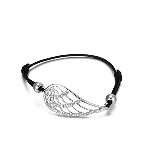 Pulsera de encanto de las mujeres, pulsera de alas de ángel de la suerte, pulsera de pulsera ajustable de cuerda de cera negra con cristal Placcato Argento