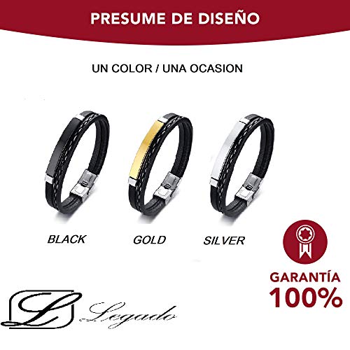 Pulsera hombre mujer Legado, en cuero pu y acero inoxidable, brazalete vikingo chico negra combinable con anillo pendiente collar colgante o tobillera muñequera, personalizable (SILVER 19,5)