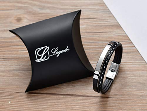 Pulsera hombre mujer Legado, en cuero pu y acero inoxidable, brazalete vikingo chico negra combinable con anillo pendiente collar colgante o tobillera muñequera, personalizable (SILVER 19,5)