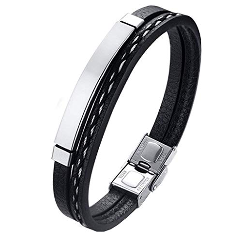 Pulsera hombre mujer Legado, en cuero pu y acero inoxidable, brazalete vikingo chico negra combinable con anillo pendiente collar colgante o tobillera muñequera, personalizable (SILVER 19,5)