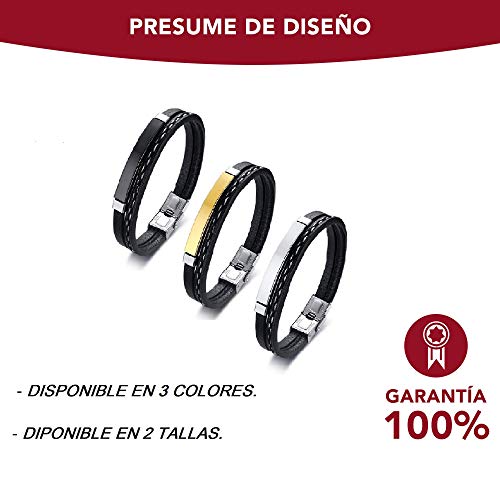 Pulsera hombre mujer Legado, en cuero pu y acero inoxidable, brazalete vikingo chico negra combinable con anillo pendiente collar colgante o tobillera muñequera, personalizable (SILVER 19,5)