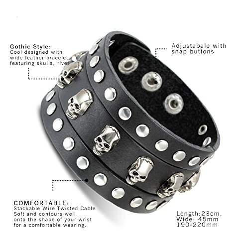 Pulsera Punk Calavera Remache Pulsera Hombre Cuero Ajustable Brazalete Mujer Joyería de Moda Regalo San Valentín/Navidad