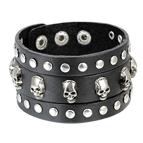 Pulsera Punk Calavera Remache Pulsera Hombre Cuero Ajustable Brazalete Mujer Joyería de Moda Regalo San Valentín/Navidad