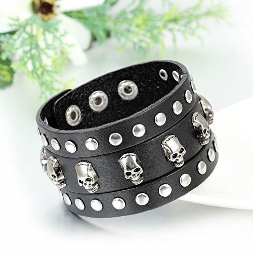 Pulsera Punk Calavera Remache Pulsera Hombre Cuero Ajustable Brazalete Mujer Joyería de Moda Regalo San Valentín/Navidad