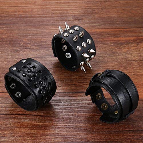 Pulseras Hombre Piel Juego de 3 Pcs Brazalete Cuero Punk de Rock Trenzado Remache Hipoalergénico Joyería de Moda Regalo San Valentín Cumpleaños (Estilo 1)