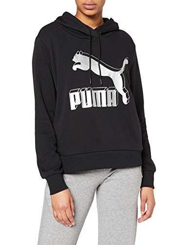 PUMA Classics Logo Hoody Sudadera, Mujer, Black-Metallic Silver, S