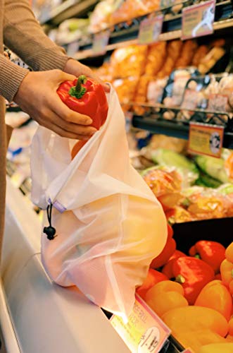Purifyou - Bolsas de malla reutilizables con costuras dobles, resistentes, con etiquetas que indican el peso y en varios tamaños y diferentes cantidades