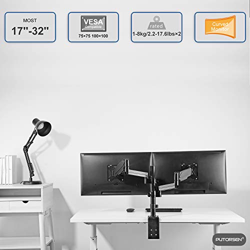 PUTORSEN® Soporte de Escritorio para 2 Monitor de Las Pantallas de TV, LCD y computadora de17”-32”, Doble Brazo de Monitor con Resorte de Gas, Altura Ajustable, La Capacidad de Carga es 8kg