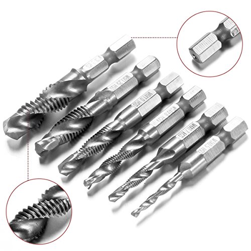 Qibaok 6 piezas brocas para rosca HSS macho de roscar grifo para taladro set de hexagonales drills de vástago Perforación,1/4 Vástago HSS Tornillo Manual, Métrico, Tornillos de Taladro