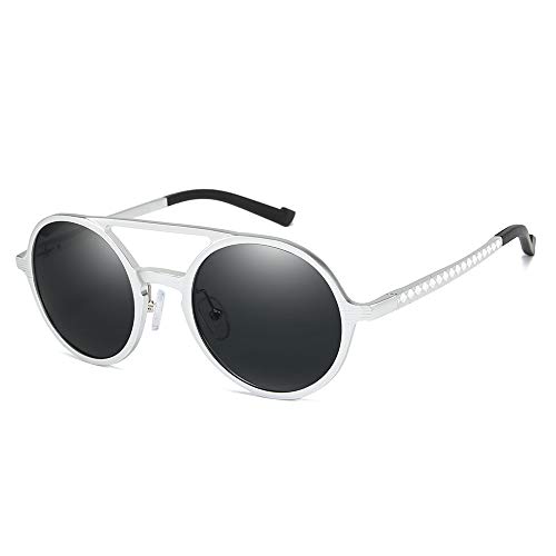 QINGZHOU Gafas De Sol,Gafas De Sol Clásicas Para Hombre, Gafas De Sol De Aluminio Y Magnesio, Gafas De Sol Polarizadas Redondas Retro, Montura Plateada, Negro, Gris C4