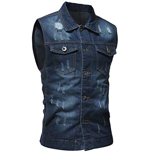 QinMM Hombre Clásico Chaleco Sin Mangas De Mezclilla Chaleco Jean Chaqueta De Vaquero, Oscuro Azul, M