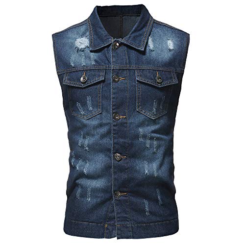 QinMM Hombre Clásico Chaleco Sin Mangas De Mezclilla Chaleco Jean Chaqueta De Vaquero, Oscuro Azul, M