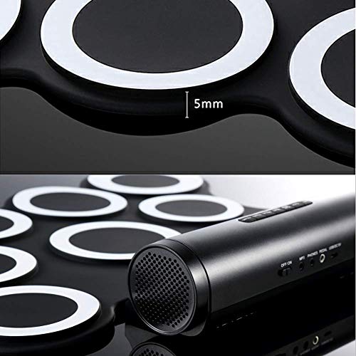 Qinmo Drum Pad electrónico, grupo de percusión electrónicos portátiles, Roll juego de batería hacia arriba con una función de altavoz Toma de auriculares 9 almohadillas de las patas Pedales los palill