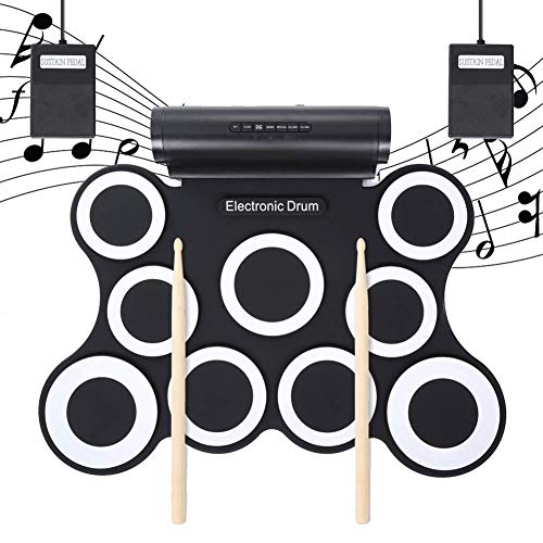 Qinmo Drum Pad electrónico, grupo de percusión electrónicos portátiles, Roll juego de batería hacia arriba con una función de altavoz Toma de auriculares 9 almohadillas de las patas Pedales los palill