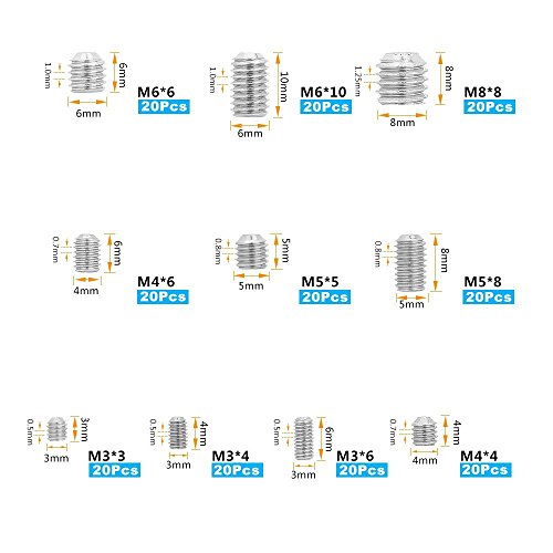 QLOUNI 200pcs Tornillos Prisioneros de Cabeza Hexagonal de 304 Acero Inoxidable de M3 M4 M5 M6 M8