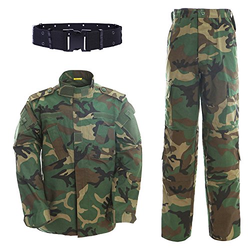 QMFIVE Tactical Woodland Camo Hombres BDU Combat Camiseta de Chaqueta y Pantalones Traje Woodland Camo para Juego de Guerra Ejército Militar Paintball Airsoft Tiro