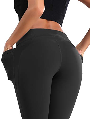 QueenDer Leggings Fitness Mujer Deporte Pantalones Largo Cintura Alta con Bolsillo Polainas Mallas para Yoga Running Cycling y Pilates (Negro, L)