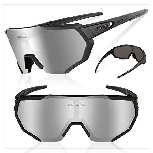 Queshark Gafas De Sol Polarizadas para Ciclismo con 3 Lentes Intercambiables UV400 MTB Bicicleta Montaña (Negro)