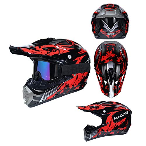 QYTK® Casco Motocross Niño Rojo Negro, MT-51 Full Face Motorcycle Cross Helmet Casco Motocicleta con Gafas Guantes Mascarilla, Al Aire Libre Motorbike ATV MTB Racing Seguridad Set,M(54~55CM)