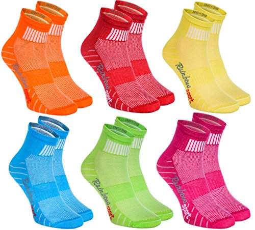 Rainbow Socks - Hombre Mujer Calcetines Deporte Colores de Algodón - 6 Pares - Verde Rosa Naranja Rojo Azul Palido Amarillo - Talla 36-38