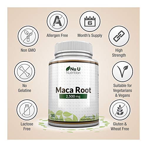 Raíz de Maca | 2500 mg 2500mg extracto de Maca Andina | 180 Cápsulas (Suministro para 6 Meses) | Complemento alimenticio de Nu U Nutrition