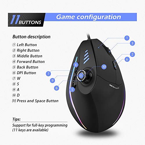 Ratón Vertical con Barra de Control,Zelotes Ratón Ergonómico 10000 dpi,11 Botones Mouse Gaming,Diseño Ergonómico Vertical para Reducir la Muñeca Masculina