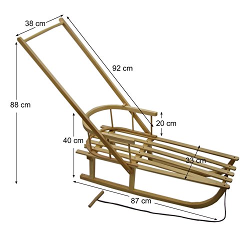 rawstyle trineo de madera con respaldo + cuerda + Empuje – Respaldo – Niños trineo – Trineo de madera de haya Niños trineo