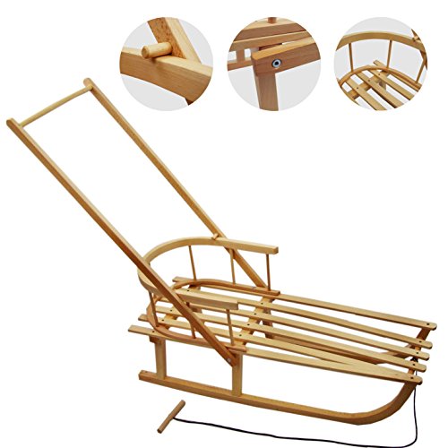 rawstyle trineo de madera con respaldo + cuerda + Empuje – Respaldo – Niños trineo – Trineo de madera de haya Niños trineo