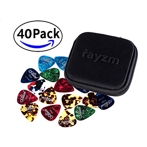 Rayzm Púas Pick Plectrums para guitarra 40 unidades con una caja resistente de almacenaje,Picks Premium de celuloide para guitarra, bajo, varios colores y 6 grosores 0,46/0,71/0,81/0,96/1,20/1,50mm