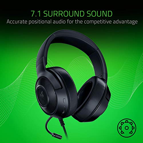 Razer Kraken x 7.1 Auriculares Gaming con Sonido Envolvente con Compatibilidad Multiplataforma, Ergónomico y ligero; 250 g peso, Negro