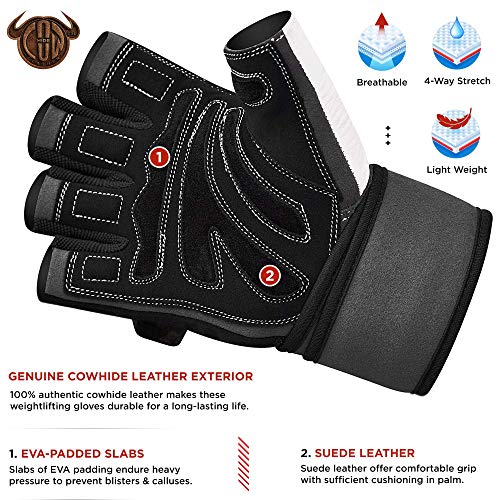 RDX Guantes Gimnasio Cuero con Muñequera Fitness Musculacion Culturismo Gym Levantamiento Pesas Entrenamiento Halterofilia Powerlifting Antideslizante Workout Weightlifting Gloves