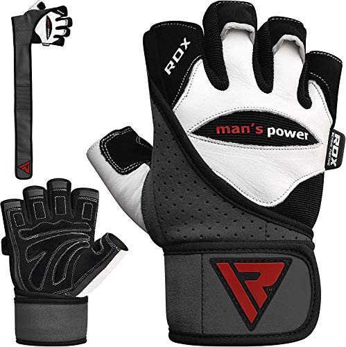 RDX Guantes Gimnasio Cuero con Muñequera Fitness Musculacion Culturismo Gym Levantamiento Pesas Entrenamiento Halterofilia Powerlifting Antideslizante Workout Weightlifting Gloves