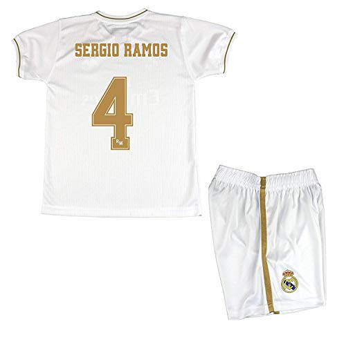 Real Madrid Conjunto Camiseta y Pantalón Primera Equipación Infantil Sergio Ramos Producto Oficial Licenciado Temporada 2019-2020 Color Blanco (Blanco, Talla14)