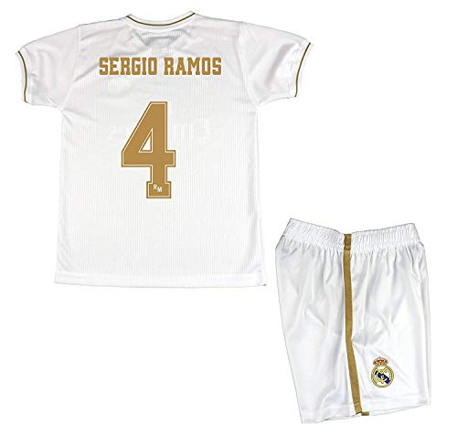 Real Madrid Conjunto Camiseta y Pantalón Primera Equipación Infantil Sergio Ramos Producto Oficial Licenciado Temporada 2019-2020 Color Blanco (Blanco, Talla 8)