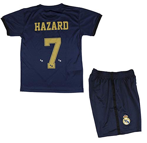 Real Madrid Conjunto Camiseta y Pantalón Segunda Equipación Infantil Hazard Producto Oficial Licenciado Temporada 2019-2020 Color Blanco (Azul Marino, Talla 8)