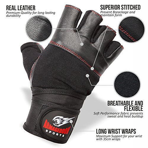 Real piel Fitness guantes para hombres o mujeres con muñeca envuelve armagedón deportes – Perfecto para el deporte Fitness Gym y Crossfit, Black Red Line