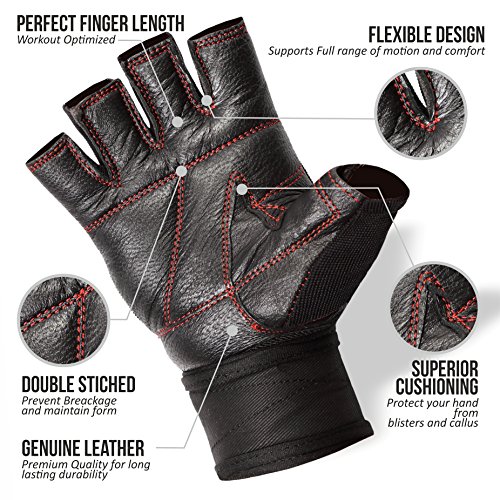 Real piel Fitness guantes para hombres o mujeres con muñeca envuelve armagedón deportes – Perfecto para el deporte Fitness Gym y Crossfit, Black Red Line