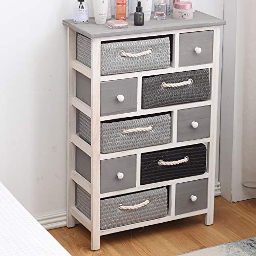 Rebecca Mobili Cómoda, Mueble con 5 cajones, Blanco Gris, Madera de Paulownia y Mimbre, Entrada baño, hogar contemporáneo, Dormitorio- Medidas: 83 x 56 x 27 cm (AxANxF) - Art. RE4324