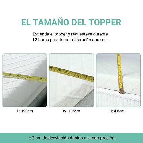 RECCI - 4CM Topper Colchón de Espuma 135x190cm, Topper Viscoelástica con Alivio de la Presión, Sobrecolchón Hipoalergénico de Bambú - Extraíble y Lavable en Lavadora, CertiPUR-EU (135 x 190 x 4cm)