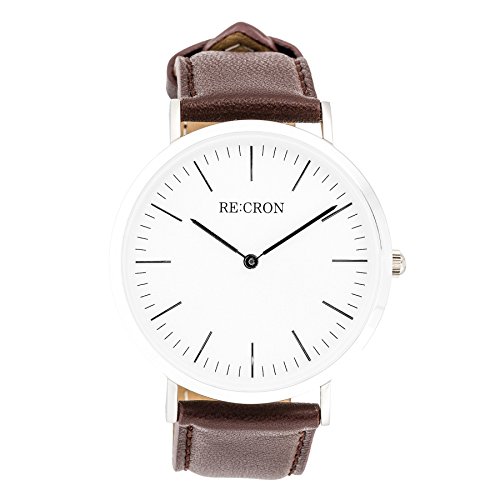 RE:CRON Unisex Reloj de Pulsera Acero Inoxidable 40 mm con Pulsera de Piel Marron