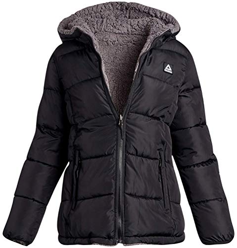 Reebok - Chaqueta acolchada para mujer, totalmente reversible a forro de piel Sherpa, Large, Negro