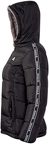 Reebok - Chaqueta acolchada para mujer, totalmente reversible a forro de piel Sherpa, Large, Negro